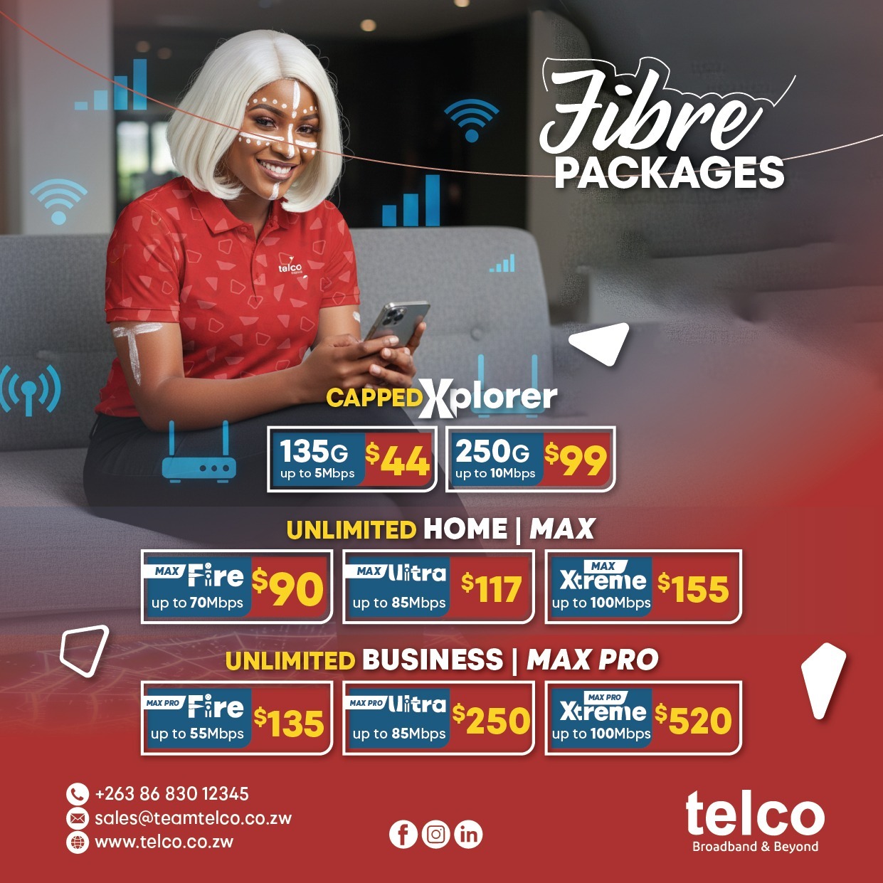 Telco Fibre broadband package pricing — capped Xplorer, Unlimited Home Max and Unlimited Business Max Pro